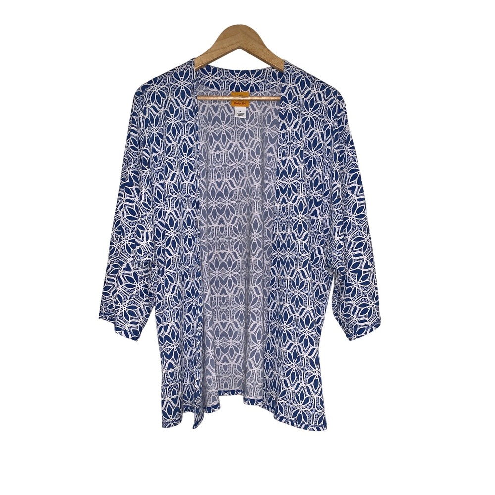 Ruby Rd Blue White Geometric Pattern Open Front 3/4 Sleeve‎ Kimono Cardigan M